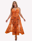 Orange patterned mesh nightdress with lace bodice, flared skirt and side slits