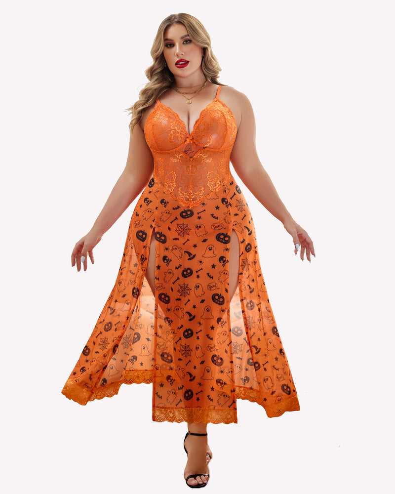 Orange patterned mesh nightdress with lace bodice, flared skirt and side slits
