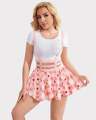 Pleated A-line skirt, pink and white gingham with strawberry heart print