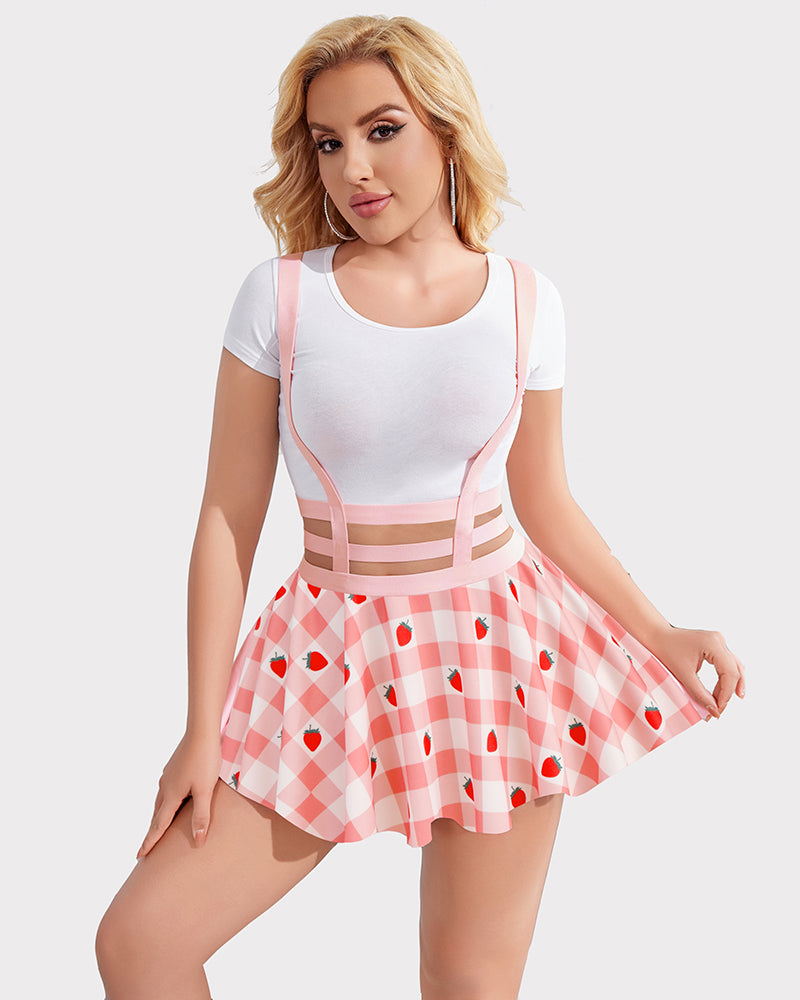 Pleated A-line skirt, pink and white gingham with strawberry heart print