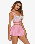 Pleated short skirt with suspenders, pink and white lace-trim straps