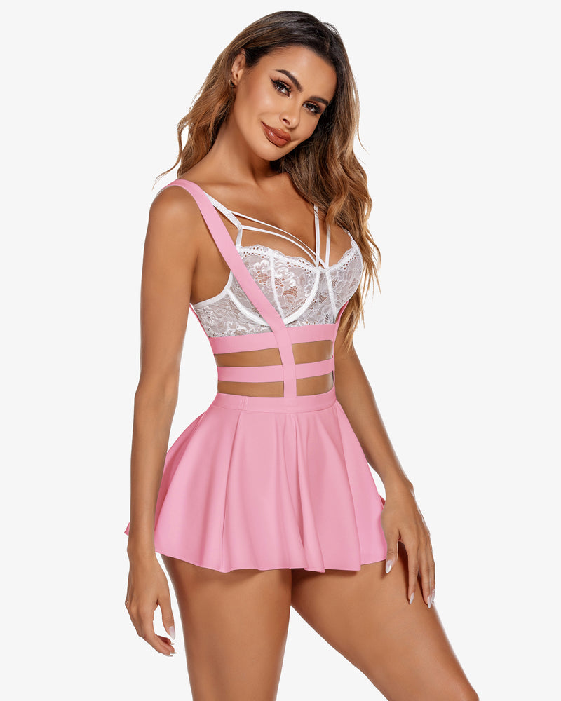 Pleated short skirt with suspenders, pink and white lace-trim straps