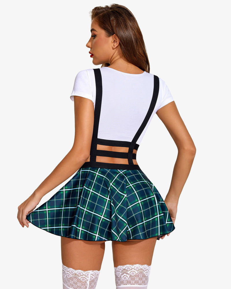 Pleated short braces skirt in green and black plaid, back view with straps