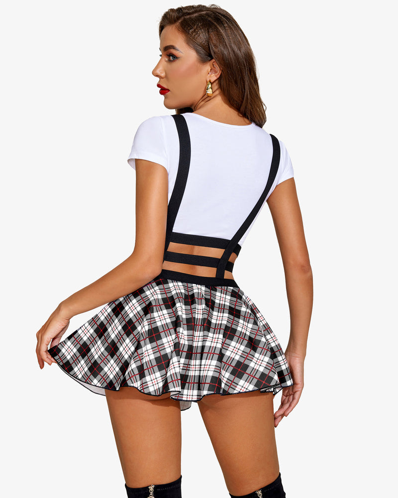 Pleated short braces skirt with black and red-and-white plaid print, back view