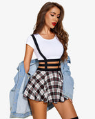 Pleated short braces skirt with black plaid over red-and-white check pattern