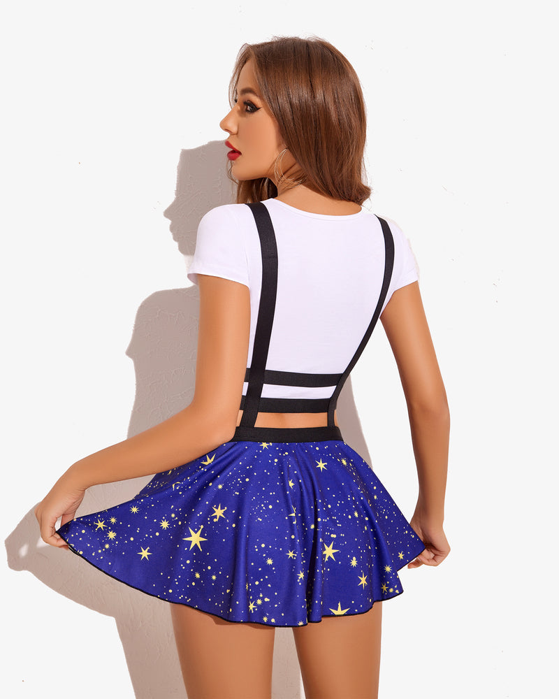 Stars pleated short skirt, back view, navy blue with yellow star pattern and black straps