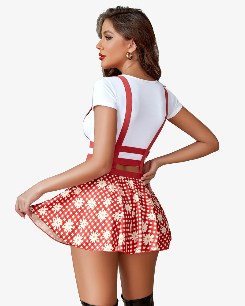 Red daisy pleated short skirt, back view, red suspender straps and flared hem