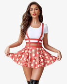 Red daisy pleated short skirt with red suspender straps and white fitted bodice