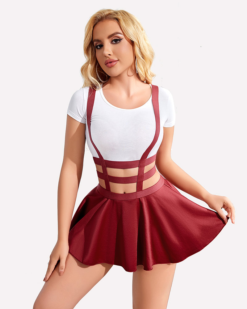 Burgundy A-line pleated short skirt with red suspender-style harness straps
