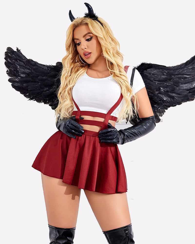 Burgundy A-line pleated short skirt with crisscross suspender-style straps