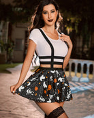 Black Halloween pleated short skirt with orange jack-o-lantern and ghost print