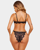Back view of floral lace bra and panty set in black with strappy back