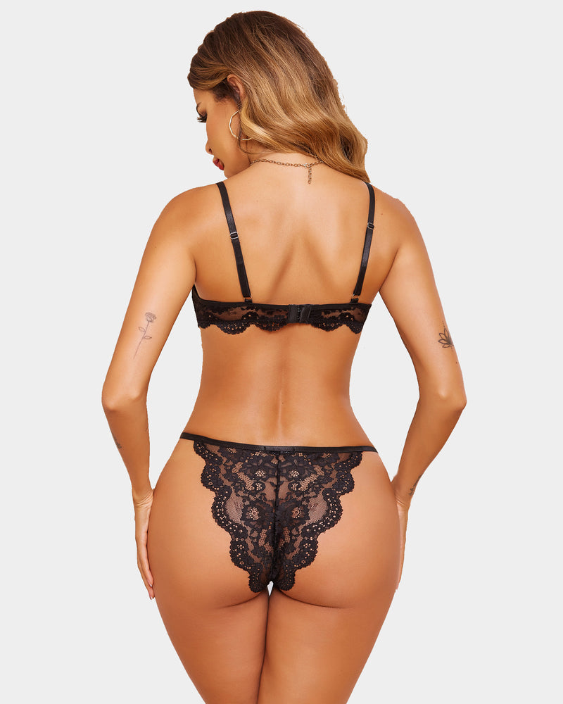 Back view of floral lace bra and panty set in black with strappy back