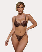 Brown floral lace underwire bra and lace thong panty set with lace trim