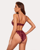 Wine red floral lace underwire bra and lace thong panty set, strappy back