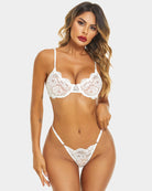 Floral lace bra and panty set in white with underwire cups and lace straps