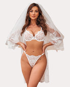 White floral lace underwire bra and matching thong panty set