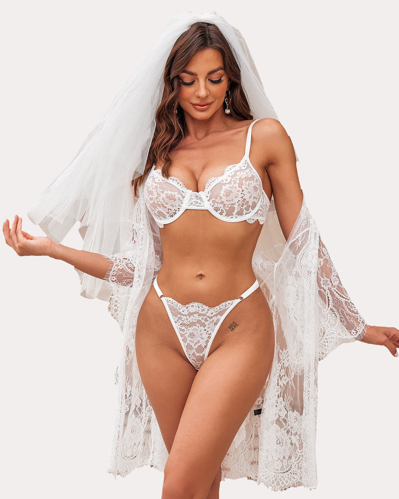 White floral lace underwire bra and thong panty set with sheer lace robe