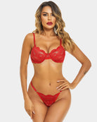 Floral lace underwire bra and panty set in red with scalloped lace edges