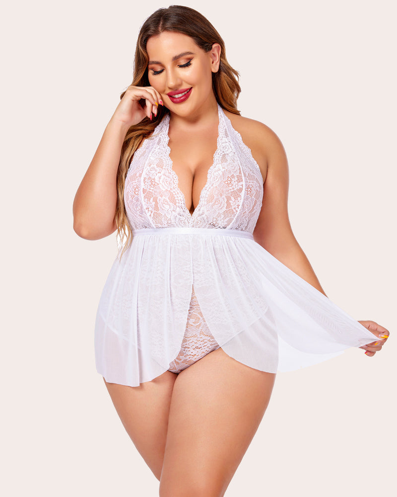 White lace halter babydoll nighty with snap crotch, plunging lace bodice, sheer skirt