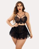 Black lace mesh chemise nightie with lace bra top, adjustable straps, ruffled skirt