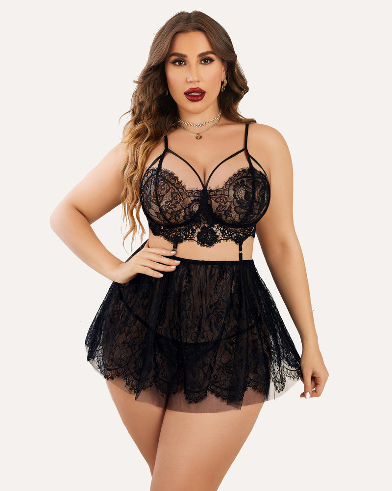 Plus size black lace babydoll nighty with lace bralette cups and layered short skirt.