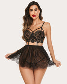 Black lace mesh babydoll nightwear with lace bra cups and tiered lace ruffle skirt