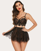 Black lace mesh chemise nightie with underwire lace cups and flared tulle skirt