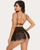 Black lace mesh babydoll nightwear back view with cross-strap detailing and garters