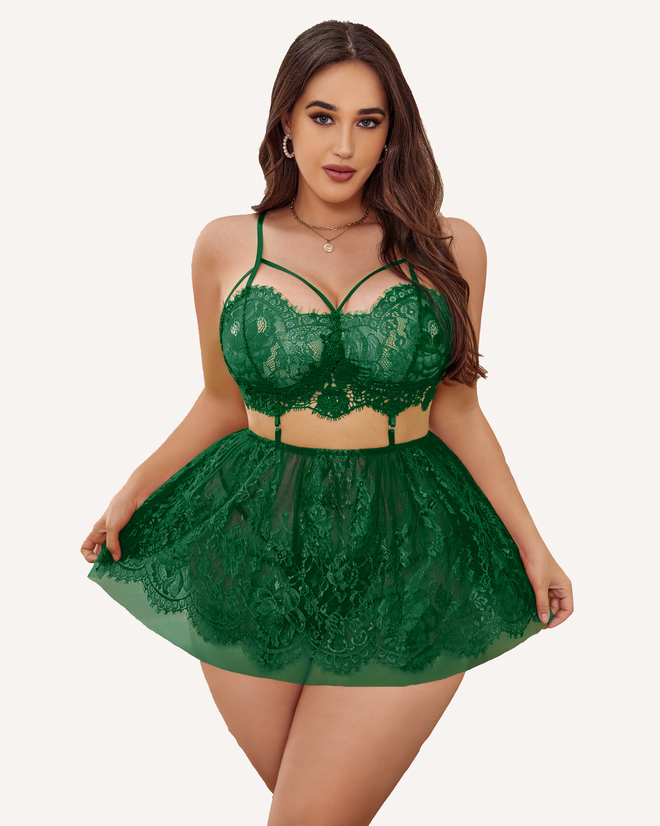 Plus size lace babydoll nighty in dark green with lace corset-style bra and flared skirt.