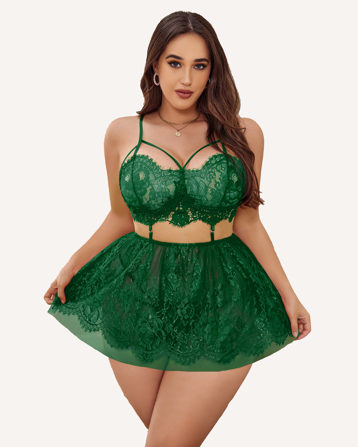 Plus size lace babydoll nighty in dark green with lace corset-style bra and flared skirt.