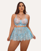 Plus size light blue lace babydoll nighty with lace underwire cups and layered mini skirt.