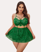 Green lace mesh babydoll set with garter straps and flared mini skirt