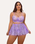 Plus size lace babydoll nighty, lilac/purple with underwire cups and lace skirt