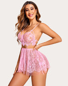 Pink lace chemise with underwire cups, scalloped garter straps, short pleated skirt