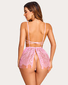 Pink lace mesh babydoll nightwear from back, lace-up strap detail and garter bands