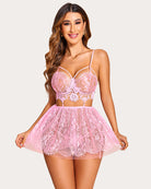 Rose pink lace chemise with underwire cups, garter straps, flared scalloped skirt