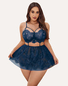 Plus size lace babydoll nighty, dark blue with lace cups and tiered mini skirt