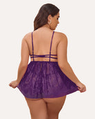 Plus size lace babydoll nighty, purple back view with lace mini skirt
