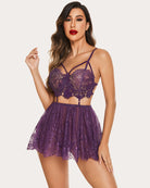 Purple lace chemise with underwire cups, cutout front band, short flared skirt