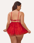 Plus size lace babydoll nighty, red back view with lace mini skirt and garter straps