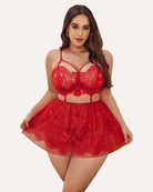 Plus size lace babydoll nighty, red with underwire lace cups and flared lace mini skirt