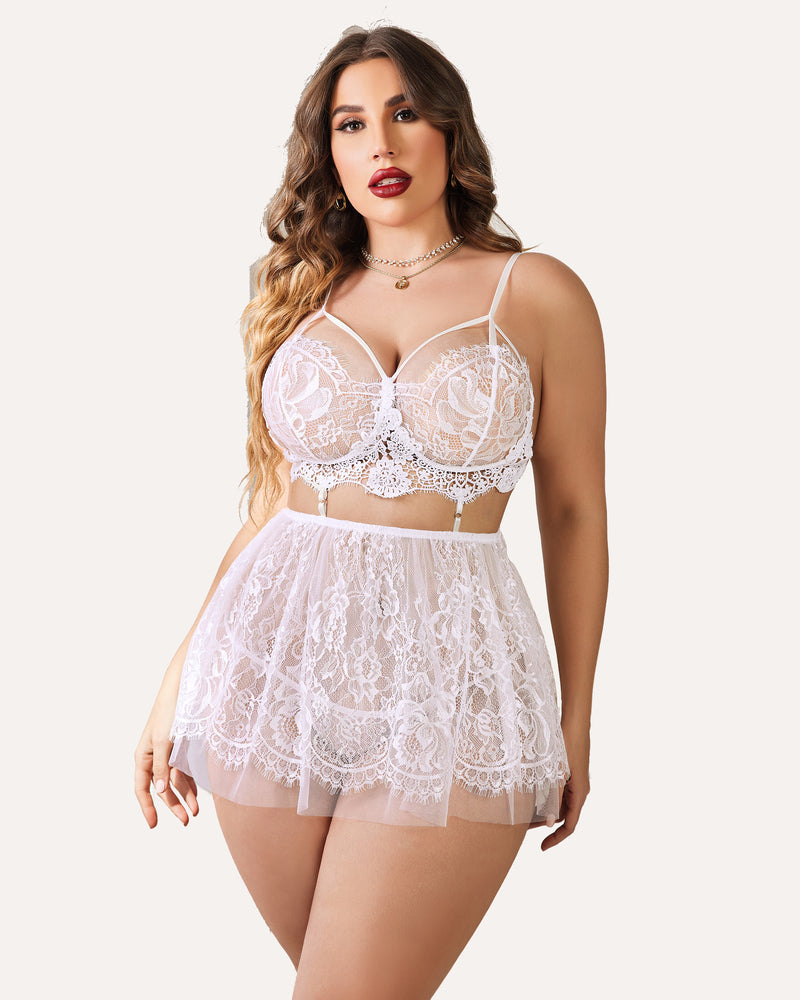 Plus size lace babydoll nighty, white with underwire lace cups and mesh mini skirt