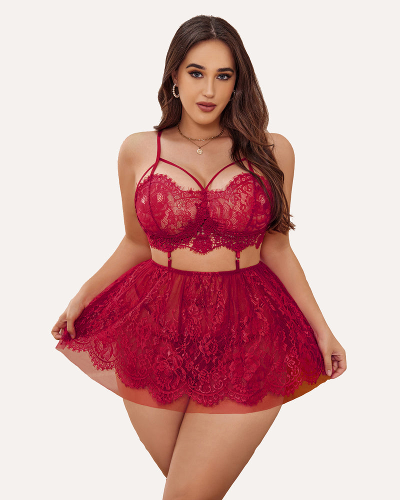 Red lace babydoll nighty with underwire cups and scalloped hem, plus size