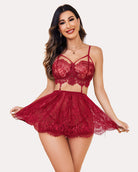 Red lace mesh babydoll nightwear with lace underwire bra and flared lace mini skirt