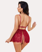 Red lace mesh babydoll nightwear from back with crisscross straps and lace-trim mini skirt