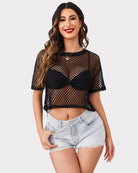 Black sheer fishnet crop top with short sleeves and crew neck