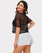 Black sheer fishnet crop top with short sleeves and crew neck (back view)