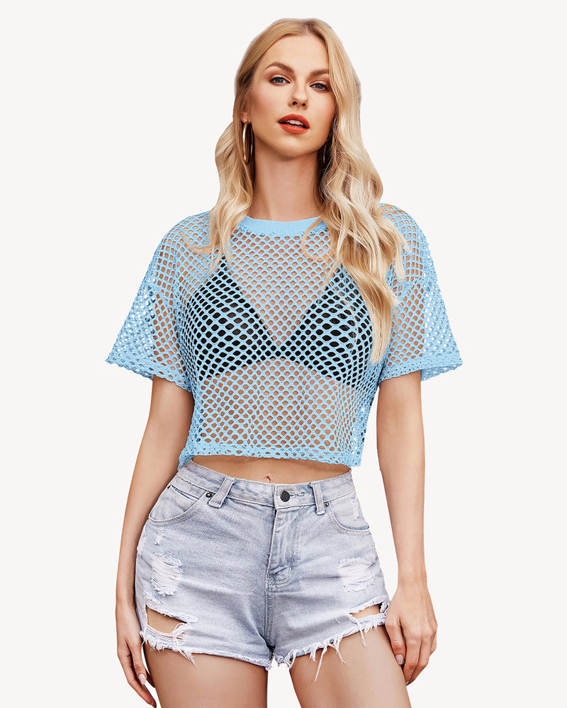 Light blue sheer fishnet crop top with short sleeves and crew neckline