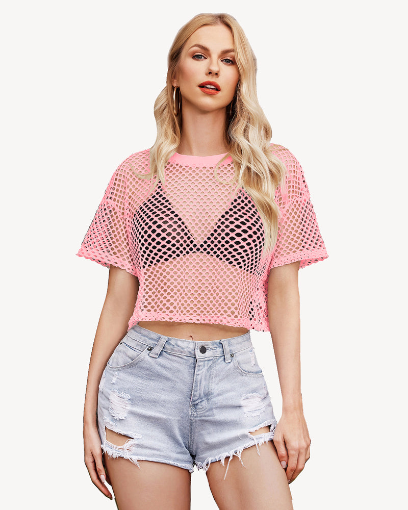 Sheer fishnet crop top with short sleeves, light pink, round neckline